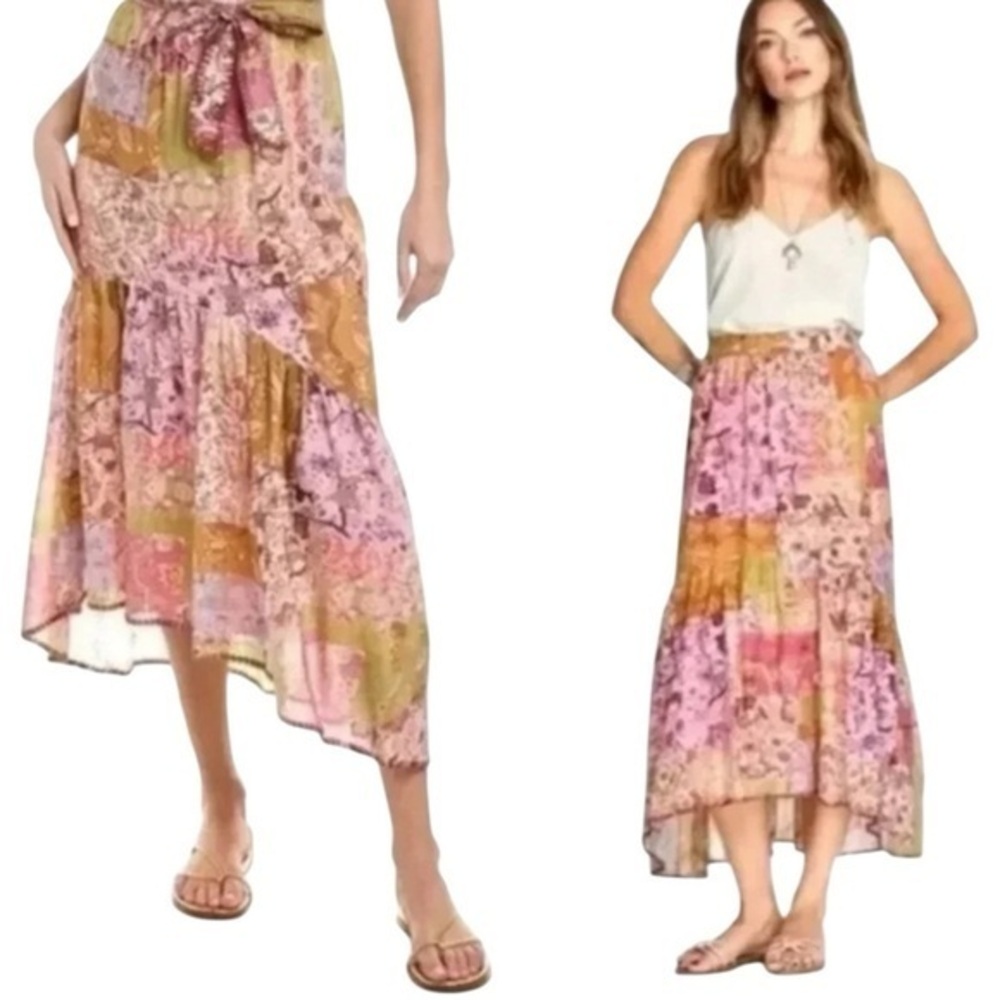 Johnny Was  RIVER TIERED  Midi/High-Low Skirt w/ Floral Patchwork NEW MUST HAVE
